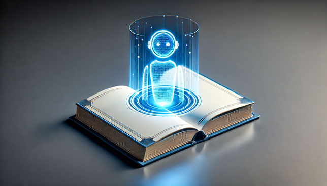 open digital book with a glowing holographic AI assistant emerging from its pages