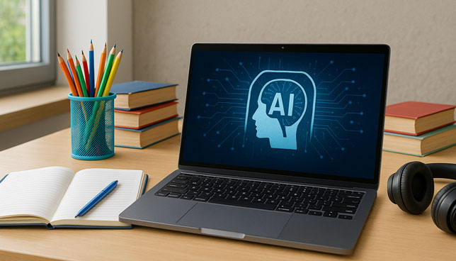 teenager’s study desk with a laptop displaying an AI symbol, surrounded by books, headphones, a notebook, and a cup of colorful pencils