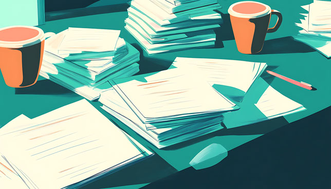 A pile of exam papers waiting to be graded by a teacher at a desk surrounded by coffee cups