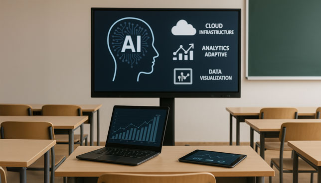 modern classroom with a large screen displaying AI, cloud infrastructure, analytics, and data visualization, alongside a laptop and tablet on a desk