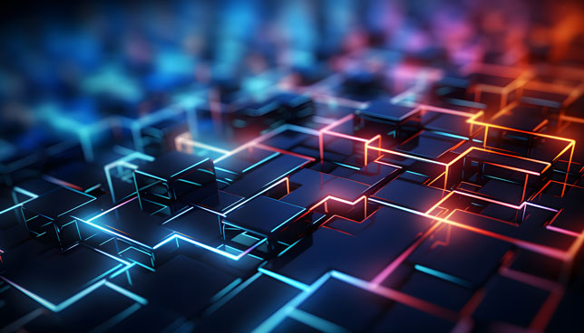 abstract interconnected cubes and shapes with glowing edges