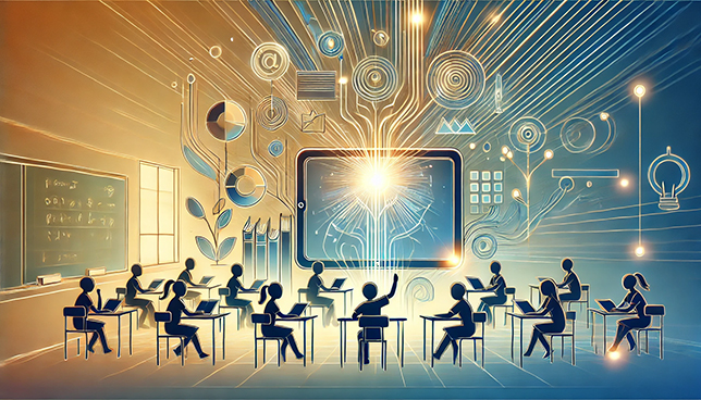 teacher and students in geometric shapes with a glowing holographic tablet and flowing digital lines in a futuristic classroom setting