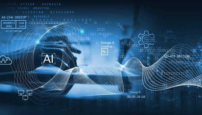 closeup of hands typing on laptop with AI imagery overlaid