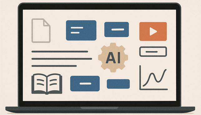 laptop screen displays a grid of educational icons including a document, video, textbook, interactive buttons, graph, and a central gear symbol labeled AI