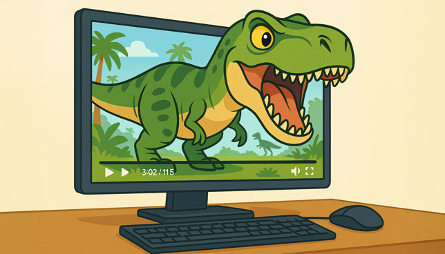 Tyrannosaurus rex bursts out of a computer monitor playing a dinosaur documentary