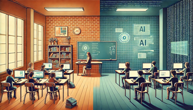 split-screen digital illustration of two AI-influenced classrooms