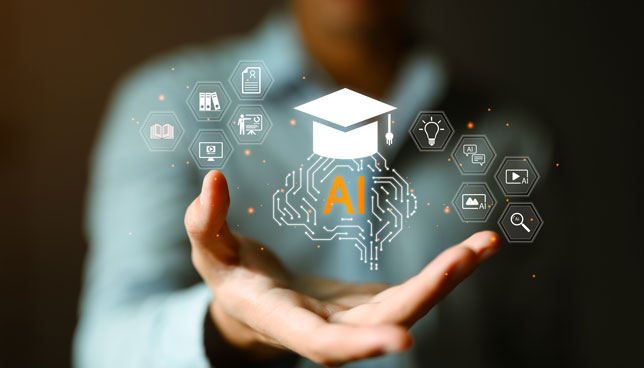 hand holding AI brain circuit with graduation cap surrounded by hexagonal education icons including books, videos and learning tools