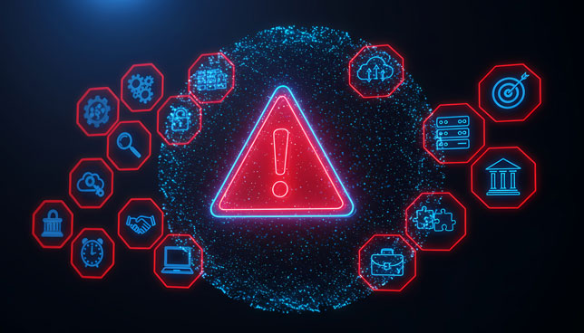 warning sign surrounded by various technology and education icons