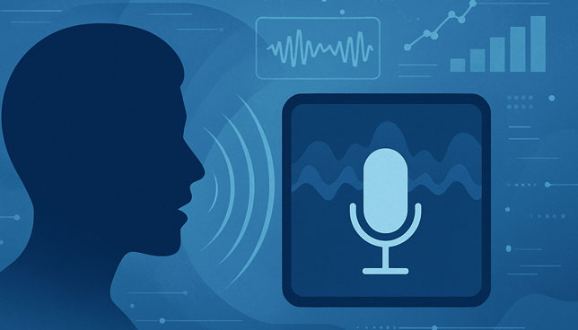 silhouette speaking toward a screen displaying a microphone icon and sound waveforms