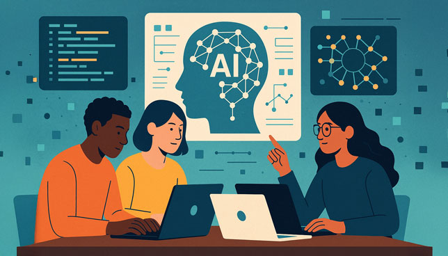 students using laptops and collaborating on an AI project with digital graphics and neural networks displayed in the background
