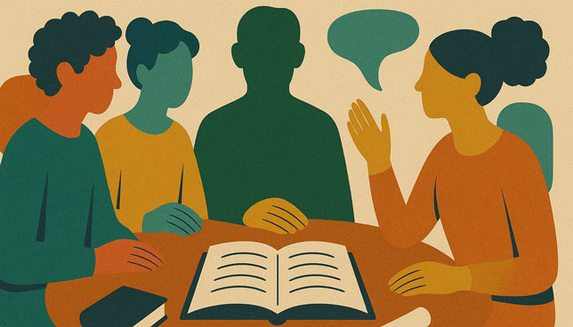 figures sitting around a round table, discussing over an open book, papers, and glasses