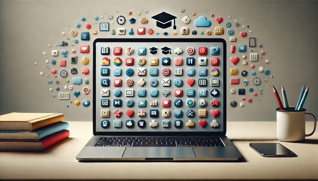 laptop on a desk with its screen displaying numerous colorful educational app icons