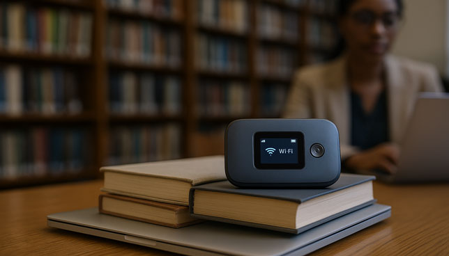 portable Wi-Fi hotspot rests on a stack of books and a laptop in a library