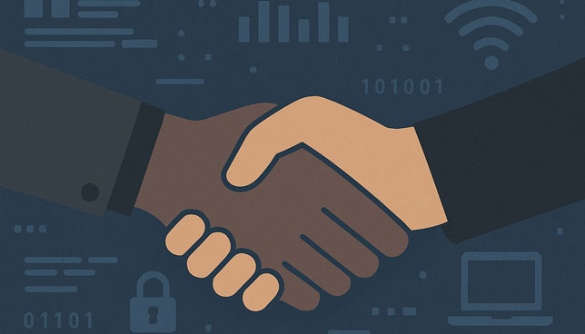 Two hands shaking in the center with subtle technology icons, graphs, binary code, and a padlock in the dark blue background