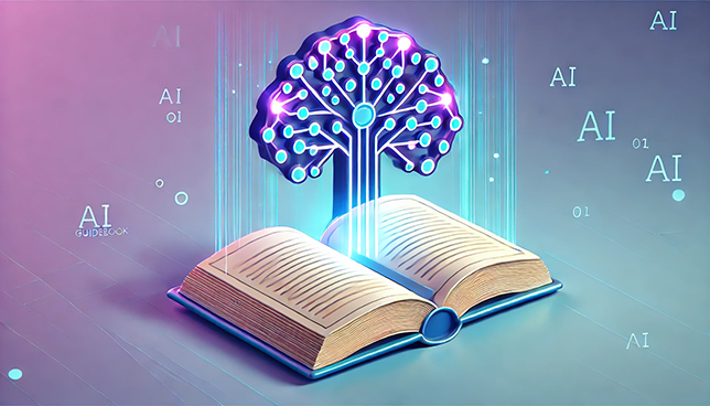 stylized illustration of an open guidebook with a glowing AI symbol hovering above