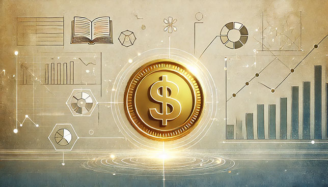 glowing golden coin surrounded by geometric lines, graphs, and stylized book icons, set against an abstract background with neutral tones, blue, and gold