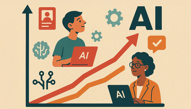 student and teacher using AI-enabled laptops, with rising arrows on a graph