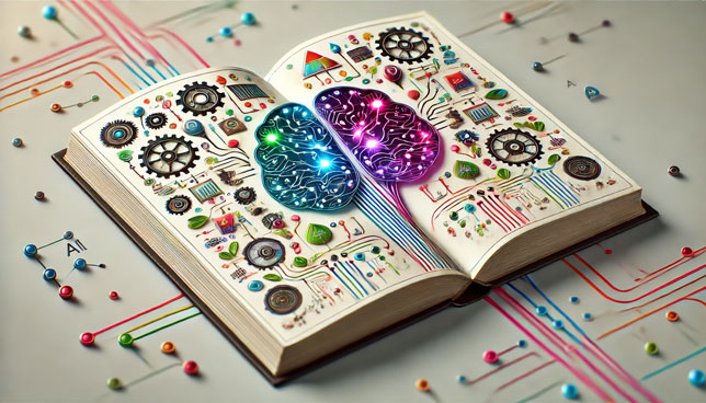 illustration of an open book lying flat with vibrant AI-themed symbols, including neural networks, circuits, gears, and a glowing brain