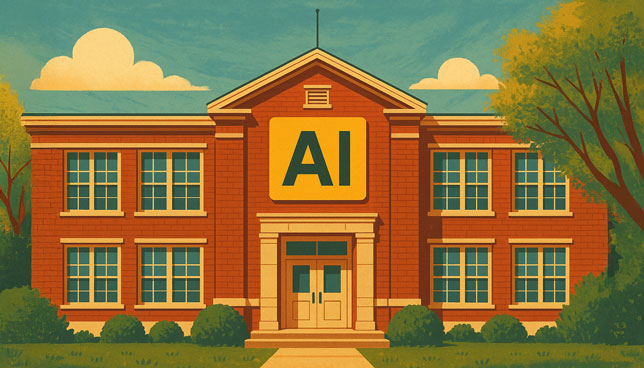 red brick school building with a large yellow "AI" sign above its main entrance