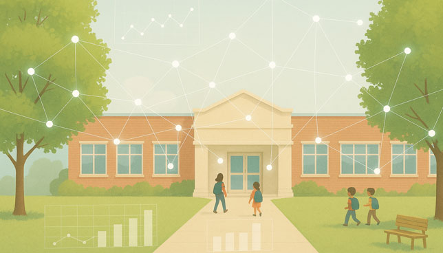 elementary school building with children outside, overlaid by a glowing data network and transparent graphs