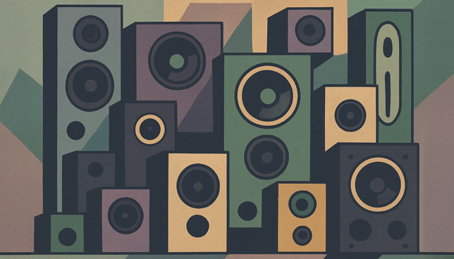 assortment of stylized speakers in muted green, mustard, beige, and violet tones