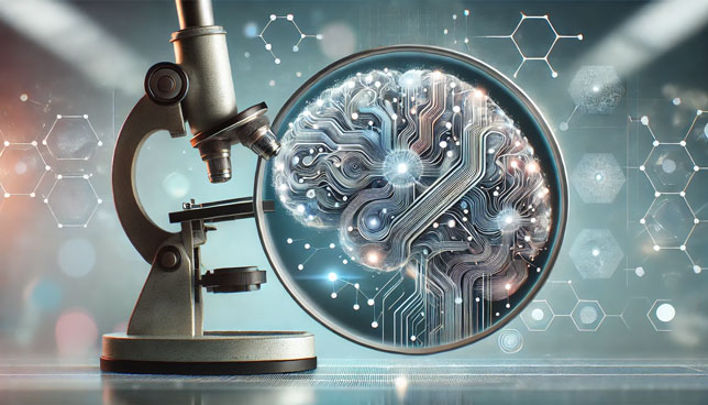 semi-transparent AI brain with circuit elements under a microscope