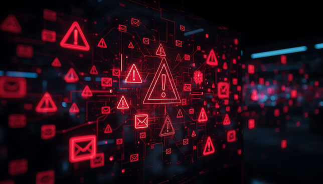 Red alert symbols and email icons floating in a dark digital space