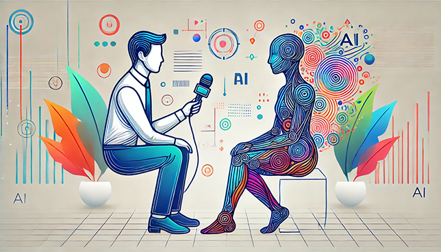 Abstract illustration of a human news reporter interviewing an AI with a microphone