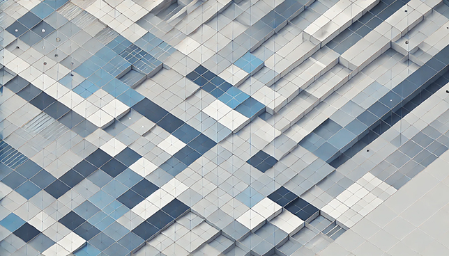 minimalist geometric grid pattern of blue, gray, and white squares and rectangles