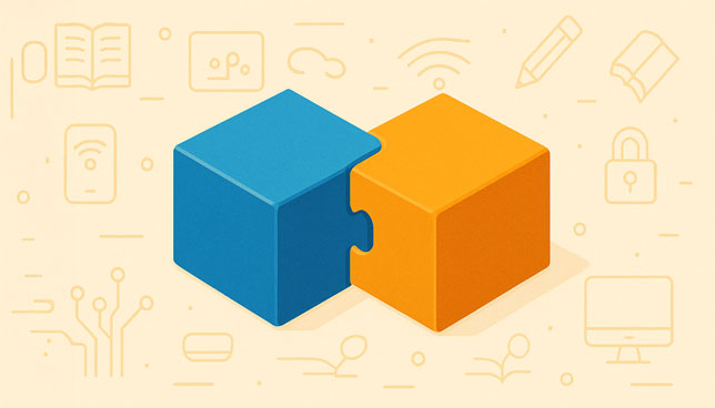 interlocking blue and orange blocks merge at the center against a beige background decorated with subtle technology and education-themed icons