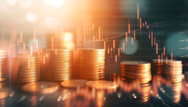 Double exposure image of coin stacks on technology financial graph background