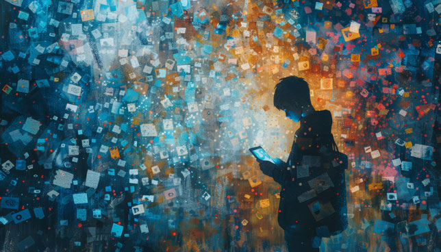 Artwork depicting the potential impact of misinformation and overstimulation on the internet social media 