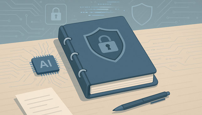 cybersecurity book with a shield and padlock