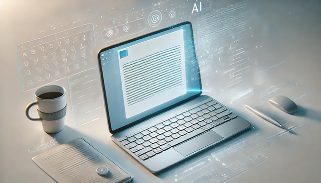 A sleek laptop with an open blank document. Above the laptop, a holographic keyboard and text suggestions are being projected