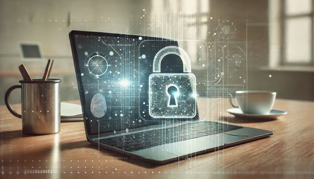  laptop on a clean desk with digital padlock icon on the screen