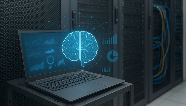 laptop displaying a glowing digital brain and data charts sits on a metal shelf in a well-lit server room with organized network cables and active servers