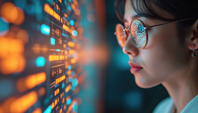 Woman analyses digital data stream on large screen