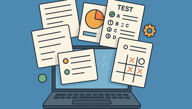 open laptop with various educational materials like charts, quizzes, and documents emerging from the screen