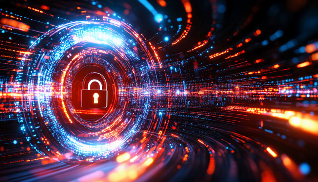 lock symbol with quantum bits in dynamic motion