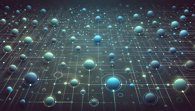 pattern of glowing blue and green orbs connected by thin luminous lines