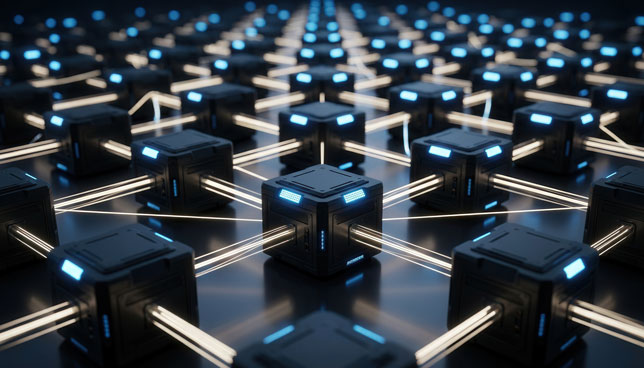 networked node grid featuring illuminated connectors