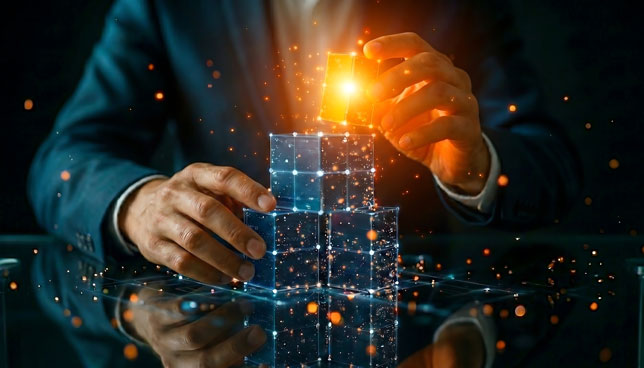 Human Hand Assembling Digital Data Blocks