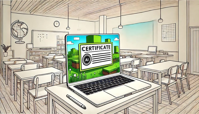 stylized illustration of a modern laptop on a classroom desk, displaying a digital AI certification