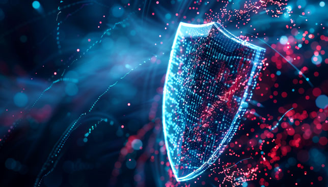 Abstract background with digital shield made of data particles glowing blue blocking against cyber attacks