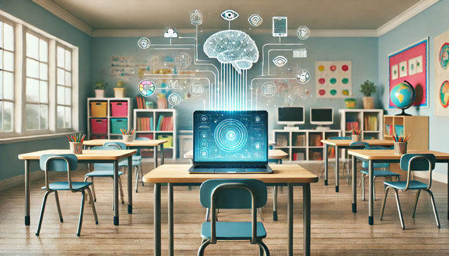 open laptop on a child-sized desk in a colorful elementary school classroom with holographic AI icons rising from the screen