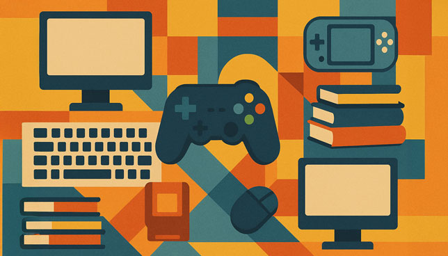 colorful geometric illustration features gaming devices, computer accessories, and stacks of books
