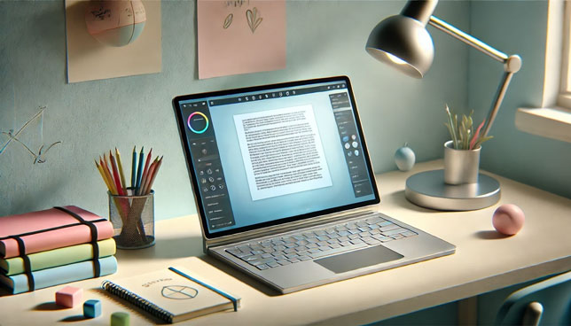 laptop screen displaying a typed essay, on a child