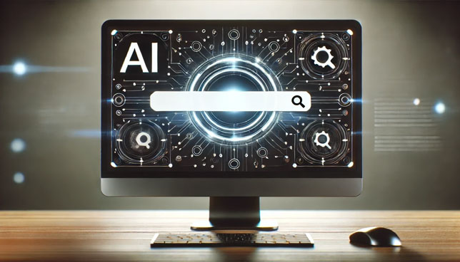 widescreen computer monitor displaying an AI-powered search engine interface with a search bar and futuristic icons