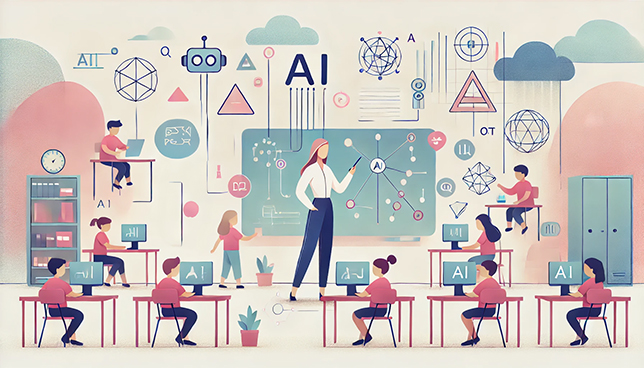 abstract, minimalist illustration of an educator interacting with geometric shapes and lines representing AI tools in a classroom setting