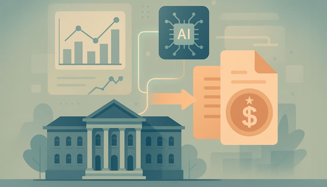 school building connected by lines to symbols of AI, data charts, and a funding document with a dollar sign